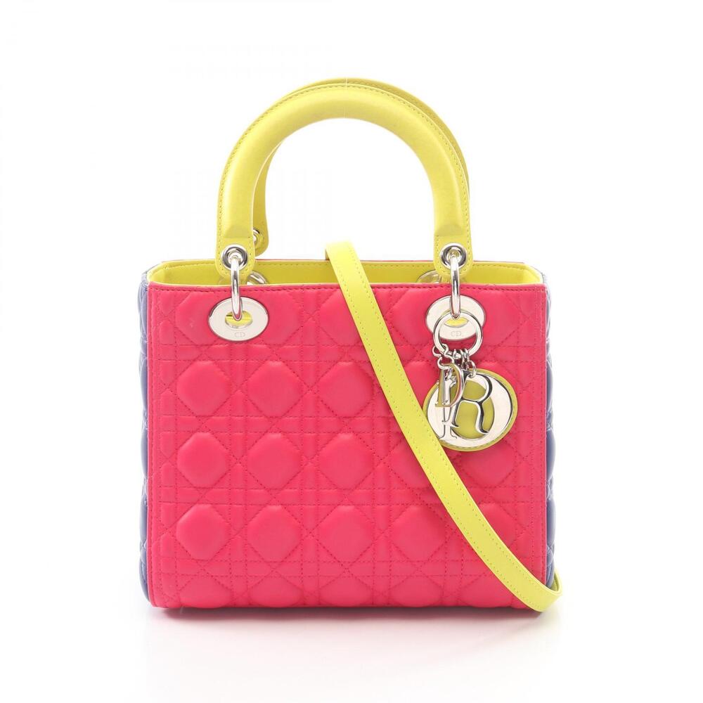 Christian Dior LADY Cannage Handbag Lambskin Leather Pink Blue Yellow Tones
